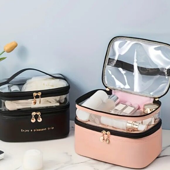 ✨NEW✨ Stylish Double-Layer Makeup Bag - Pink - Transparent - Picture 3 of 4